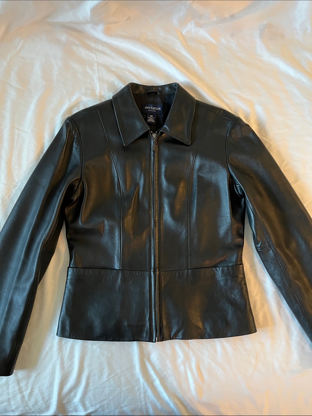 Vintage Sleek Minimalist Black 100% Real Genuine Leather Full Zip Collar Jacket